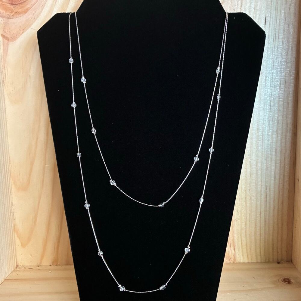 Dainty Silver Tone Double Strand Necklace Clear Bead Station 18" Layered